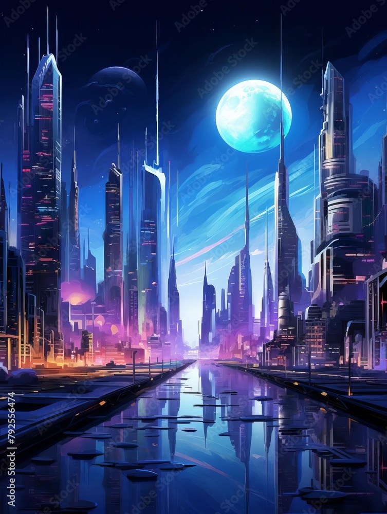 Panoramic view of an abstract urban night scene, neon accents and futuristic architecture dominating the skyline