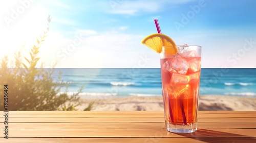 Refreshing Summer Cocktail on Wooden Table with Tropical Background