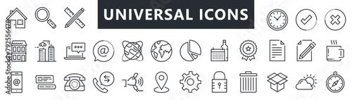 Simple Set of Global Business Related Vector Line Icons. Contains such Icons as World Map, Outsource, Financial Transactions and more. 