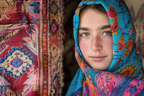 A portrait of a young girl in a colorful scarf next to a traditional carpet. Young woman from Iran. Headscarf. Chechen lady. Persian carpet. Middle East. Bazaar. Youth. Iranian girl. Kyrgyz photo
