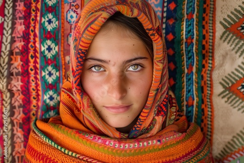 Youth of Kyrgyzstan. A Turkish woman wearing headscarf posing among textile. Middle East. Eastern motifs. Ethnos. Weaving. Young Kyrgyz lady wearing national dress and headwear. Uzbek ethnicity. Shawl photo