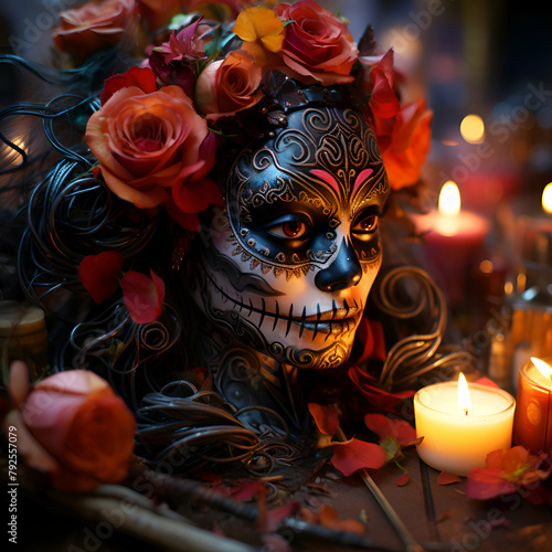 Day of the Dead sugar skull makeup and candles. Halloween concept.