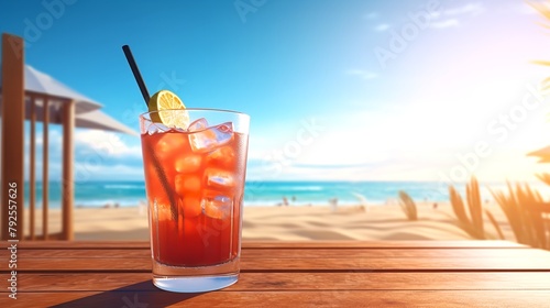 Refreshing Summer Cocktail on Wooden Table with Tropical Background
