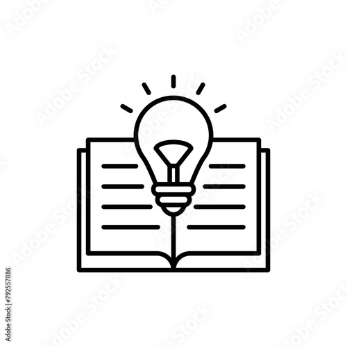 Open book with lightbulb icon vector illustration. Idea and book on isolated background. Knowledge sign concept.