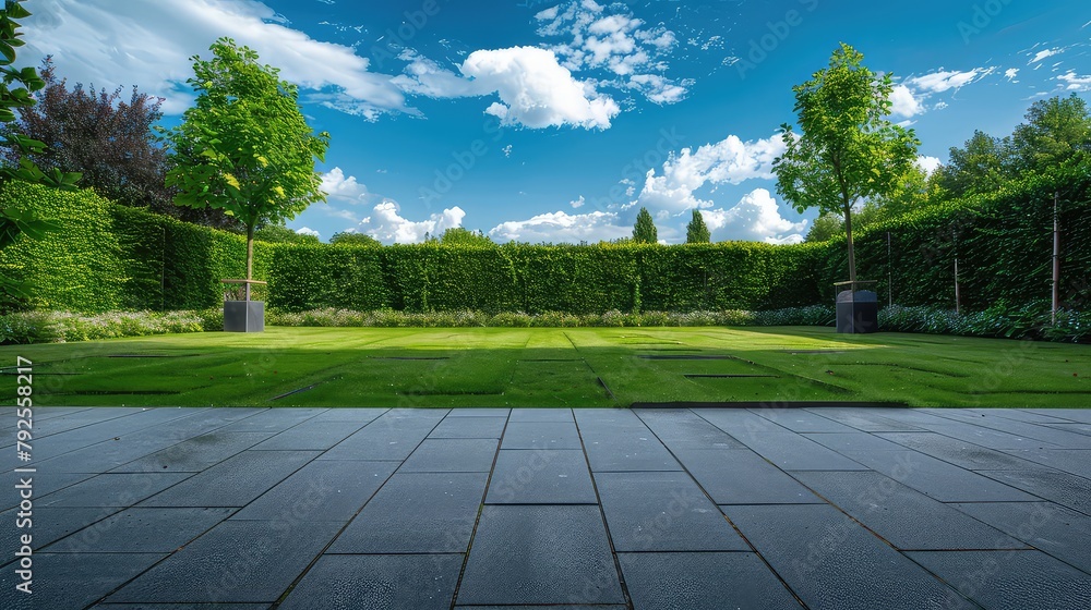 Outside the flat and vast square is a vast urban park, under a clear sky in summer