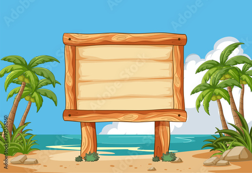 Blank wooden signboard on a sunny beach