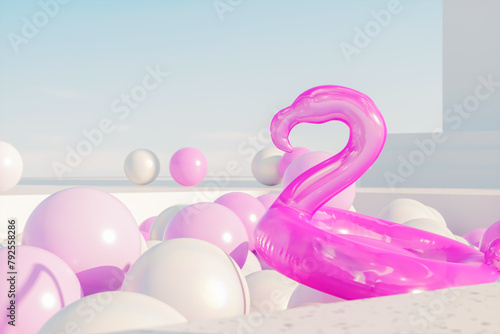 Abstract summer scene with white and pink glossy balloons in the pool. 3d rendering.