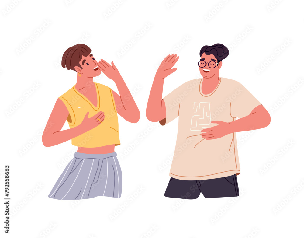 Happy friends have belly laugh at funny joke together. People laughing out loud, have fun. Cheerful man and woman laughter, chortle, giggle. Flat isolated vector illustration on white background Happy friends have belly laugh at funny joke together. People laughing out loud, have fun. Cheerful man and woman laughter, chortle, giggle. Flat isolated vector illustration on white background