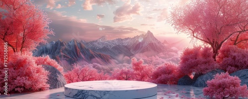 Stunning infrared landscape with vibrant pink foliage and serene mountains photo