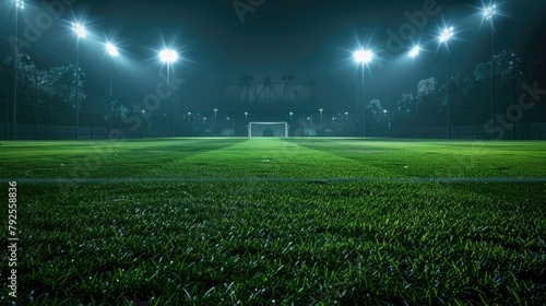 Bright illumination of a large soccer stadium with green grass at night