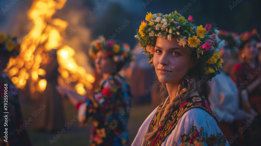 Fototapeta premium In the midst of the sacred festival celebration of Ivana Kupala Saint John, a lively bonfire lights up the night, its flickering flames drawing people to dance and revel around it