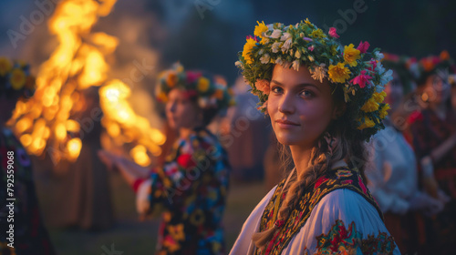 In the midst of the sacred festival celebration of Ivana Kupala Saint John, a lively bonfire lights up the night, its flickering flames drawing people to dance and revel around it
