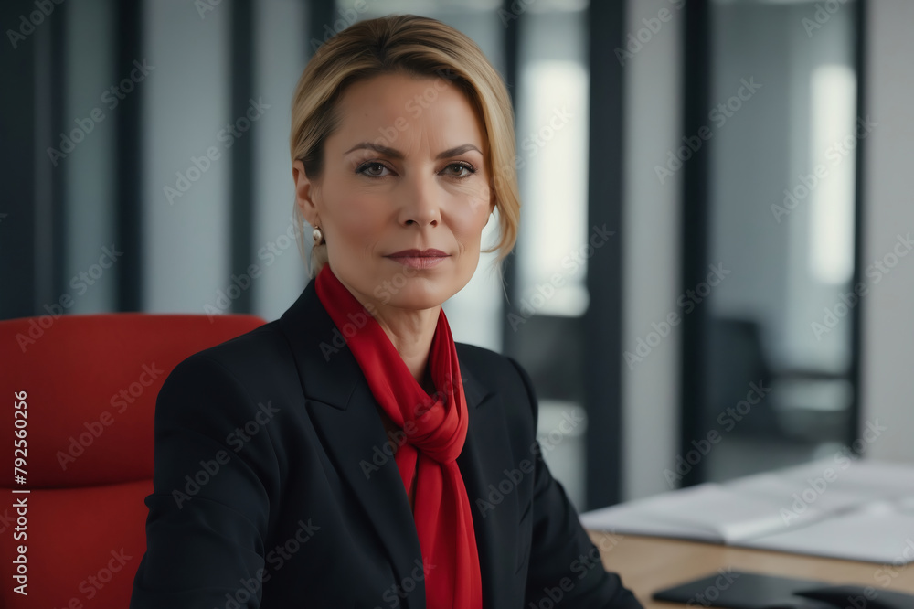 Confident Businesswoman in Black Suit with Red Scarf, Projecting Professionalism and Determination in an Office Environment Confident Businesswoman in Black Suit with Red Scarf, Projecting Professionalism and Determination in an Office Environment