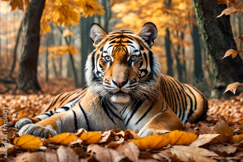 Tiger lays down in forest with autumn leaves around it.