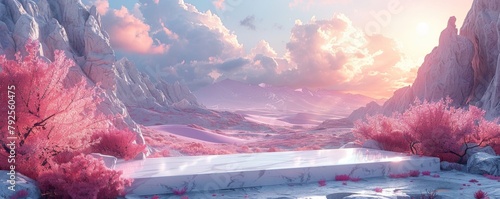 Surreal pink landscape with rocky mountains, sand dunes, and vibrant flora under a vivid sunset