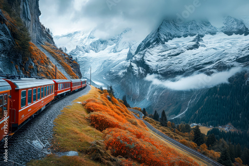 Train is traveling through mountainous area with fall foliage.