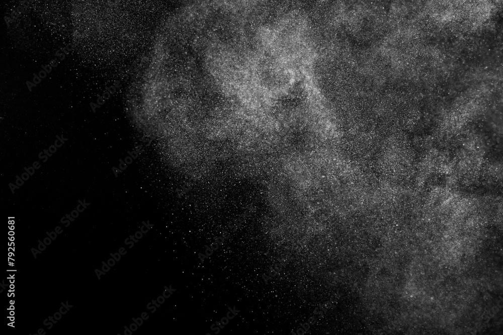 White texture on black background. Dark textured pattern. Abstract dust overlay. Light powder explosion.
White texture on black background. Dark textured pattern. Abstract dust overlay. Light powder explosion.