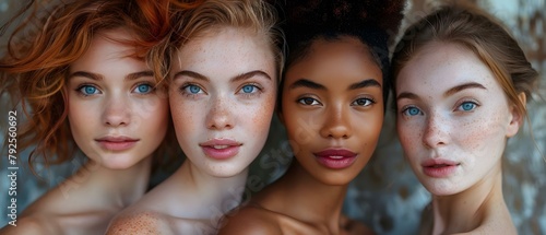 Three diverse young women posing happily for a beauty portrait together. Concept Beauty Portraits, Diverse Group, Young Women, Happy Poses, Portrait Photography