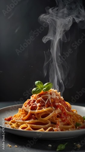 Fettuccine pasta with creamy tomato sauce and cheeses and steaming smoke.