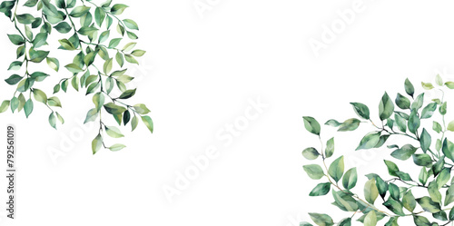 Watercolor green branches, minimalistic vector banner. Hand-painted plants, branches, leaves on a white background. Green wedding simple horizontal pattern. Watercolor style card.