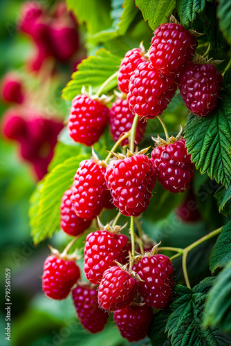 Group of red raspberries growing on plant.