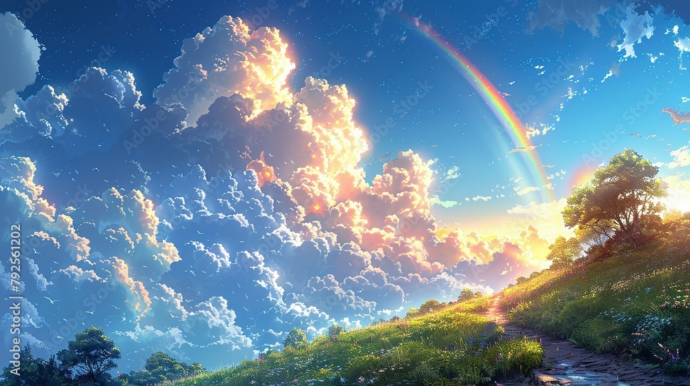 Kaleidoscope Horizon: Anime-style Rainbow in Blue Sky