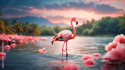 Two pink flamingos standing in a lake at sunset with palm trees and mountains in the background.
