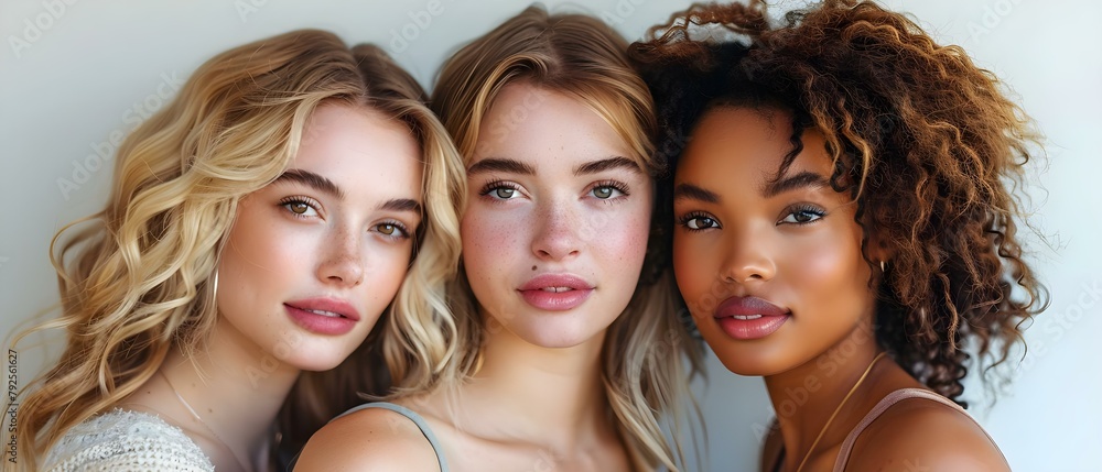 Three young women of different backgrounds posing joyfully for a beauty portrait. Concept Beauty Portraits, Diversity, Friendship, Joyful Poses Three young women of different backgrounds posing joyfully for a beauty portrait. Concept Beauty Portraits, Diversity, Friendship, Joyful Poses