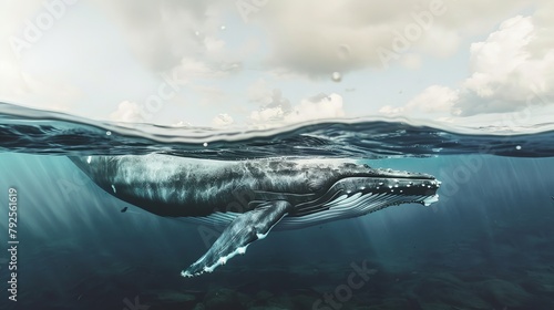 With a split view below the waterline, we observe the graceful movements of a whale and the intricate interactions among marine creatures, painting a vivid picture of life beneath the waves. © kaitanan