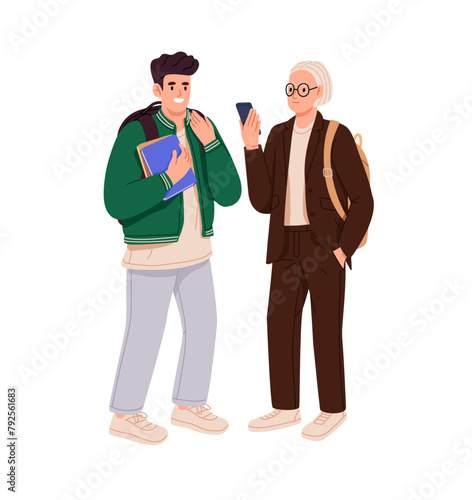 Happy classmates stand together. Teenagers friends, high school or college students. Teens, senior schoolchildren hold backpacks, phone, books. Flat isolated vector illustration on white background