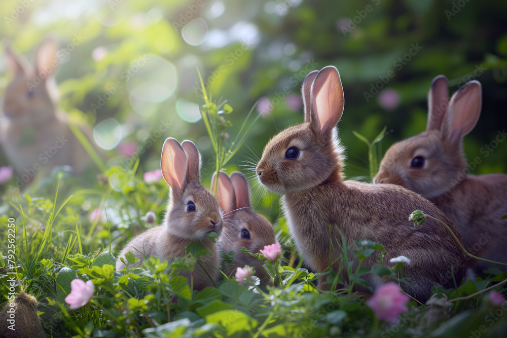 Group of rabbit mammals are playing in the park, plants background