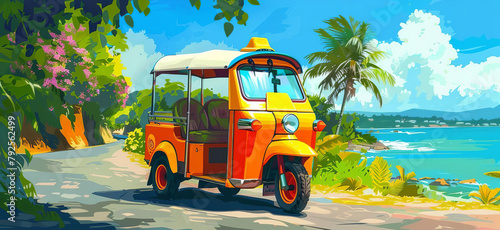 Playful cartoon tuk tuk, bright colors, bouncing happily along a scenic tropical road photo