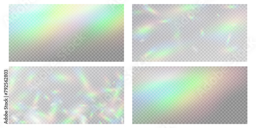 Blurred rainbow refraction overlay effect. Light lens prism effect on transparent background. Holographic reflection, crystal flare leak shadow overlay. Vector abstract illustration.
