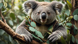 A koala is sitting in a tree. The koala is gray and white with a big black nose. It is holding onto a branch with its paws. There are green leaves all around the koala.

