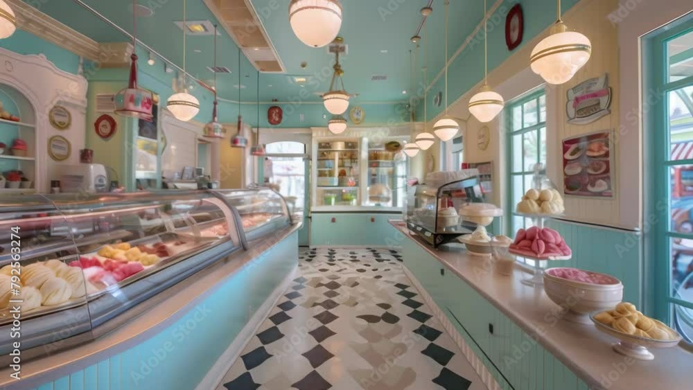 Delightful vintage ice cream parlor with a black and white checkered ...
