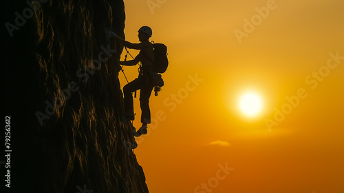 Silhouetted against the setting sun, a climber conquers a daunting vertical rock face, their determination evident in every strained muscle and focused gaze