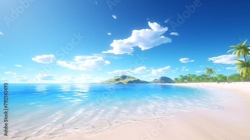 Tropical Paradise  Summer Vacation Beach with Blue Sky and Palm Trees  