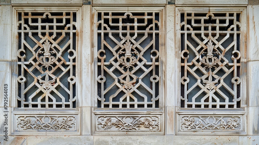 Traditional Chinese lattice window design captured in sharp detail against a neutral white surface, blending culture with architecture.