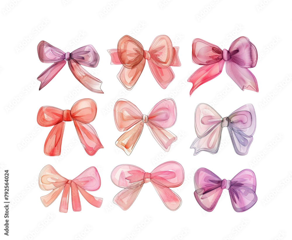 png set of decorative bows in different colors and shapes for gift packaging.  For the design of postcards PNG elements for Valentine's Day, boxing day, Black friday, women's Day, Birthday, Christmas.