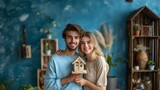 Happy young couple hugging while holding a miniature wooden house, symbolizing their dream of owning a home