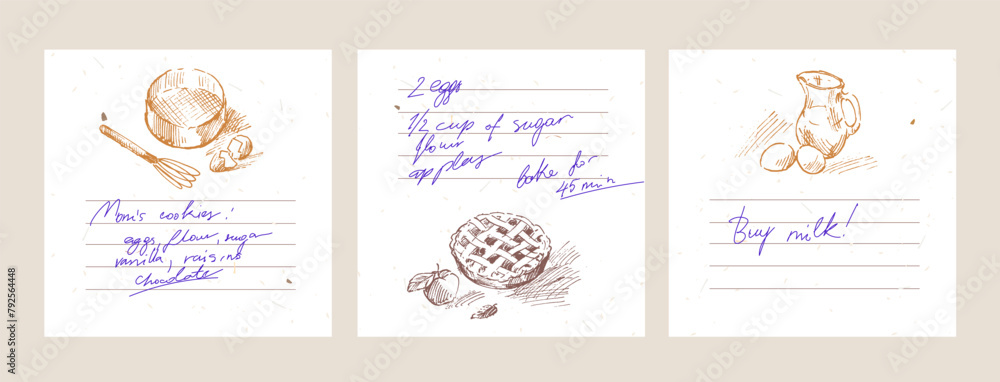 Sticker pages for making notes about meal preparation and cooking ingredients. Recipe sheets decorated with food drawings