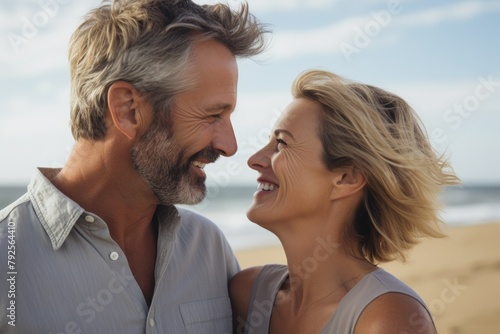 A happy, loving mature Caucasian couple on a sunny beach date. Happily married couple kissing with noses touching on vacation.
