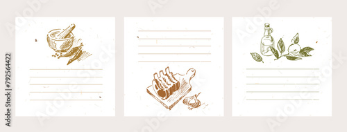 Blank sticker pages for making notes about meal preparation and cooking ingredients. Recipe sheets decorated with food drawings