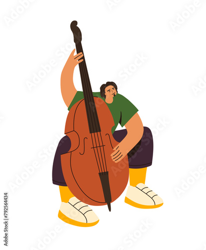 Professional double bass player performs with live jazz concert. Man plays on string instrument. Talented street musician with contrabass. Flat isolated vector illustration on white background