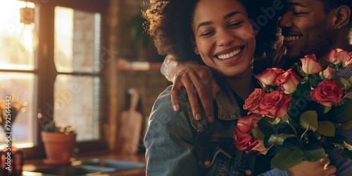 A happy Caucasian lover hugs his mixed-race girlfriend after gifting her flowers at home. Her husband gives his Hispanic wife roses. Domestic interracial couple bonding