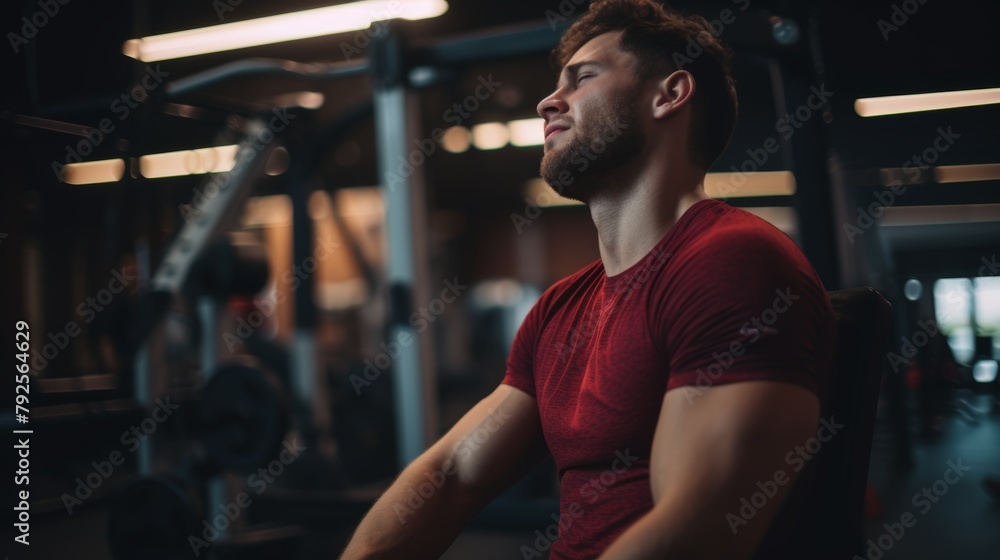 A Caucasian gym-goer holds his aching shoulder. Man with excruciating arm injuries from shattered joint and workout muscle inflammation. Stiff bodily cramps producing pain and strain - obrazy, fototapety, plakaty 