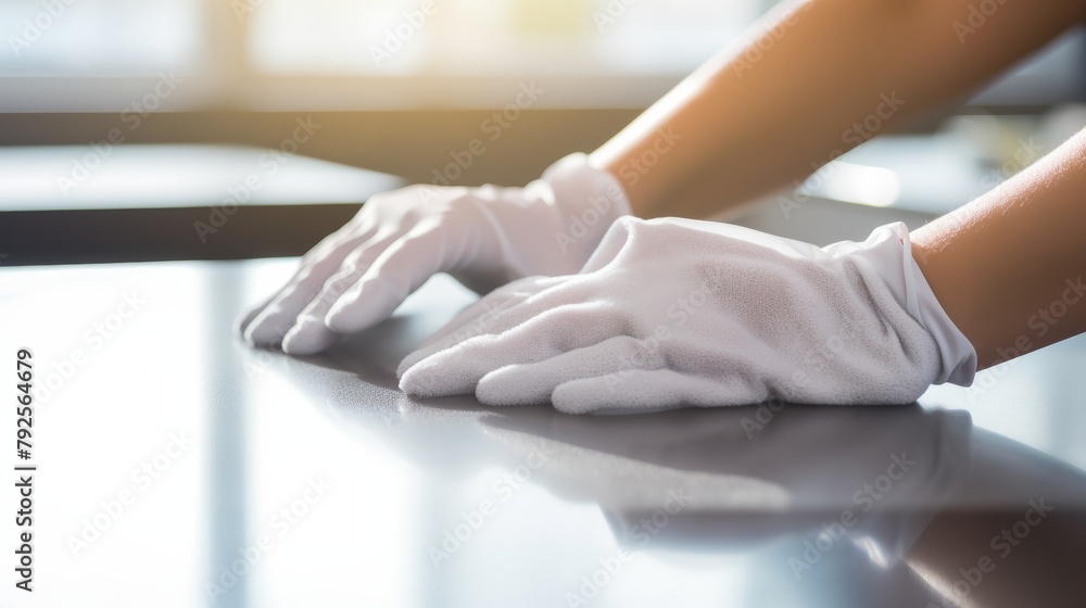 A businessman wipes a laptop keyboard with a cloth in an office. Dust and germs can cause covid illness, therefore hands cleaning and disinfection technology. Sanitize regularly used items