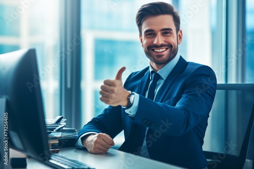 A cheerful young mixed-race businessman gives a thumbs up for achievement and agreement at an office. Confident and cheerful entrepreneur wishing success. Trusting and supporting