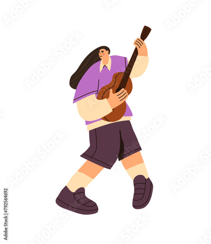 Professional guitarist performs with concert. Street musician holds wooden acoustic guitar in hands. Talented person plays on string instrument. Flat isolated vector illustration on white background