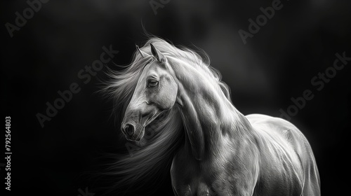 Stunning black and white portrait of a horse with flowing mane